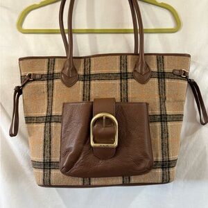 J.W. Hulme Plaid Tan Tote Bag With Leather Accents